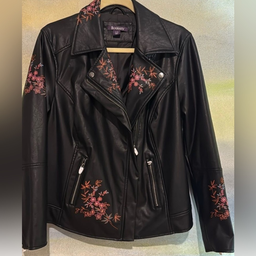 Roaman’s Faux leather floral moto Jacket
